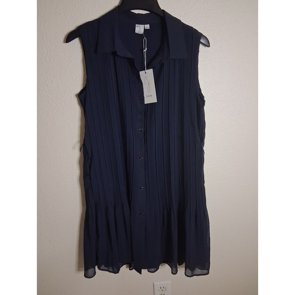 Joie Navy Blue Pleated Sleeveless Button Down Ruffle Hem Drop Waist Dress Large